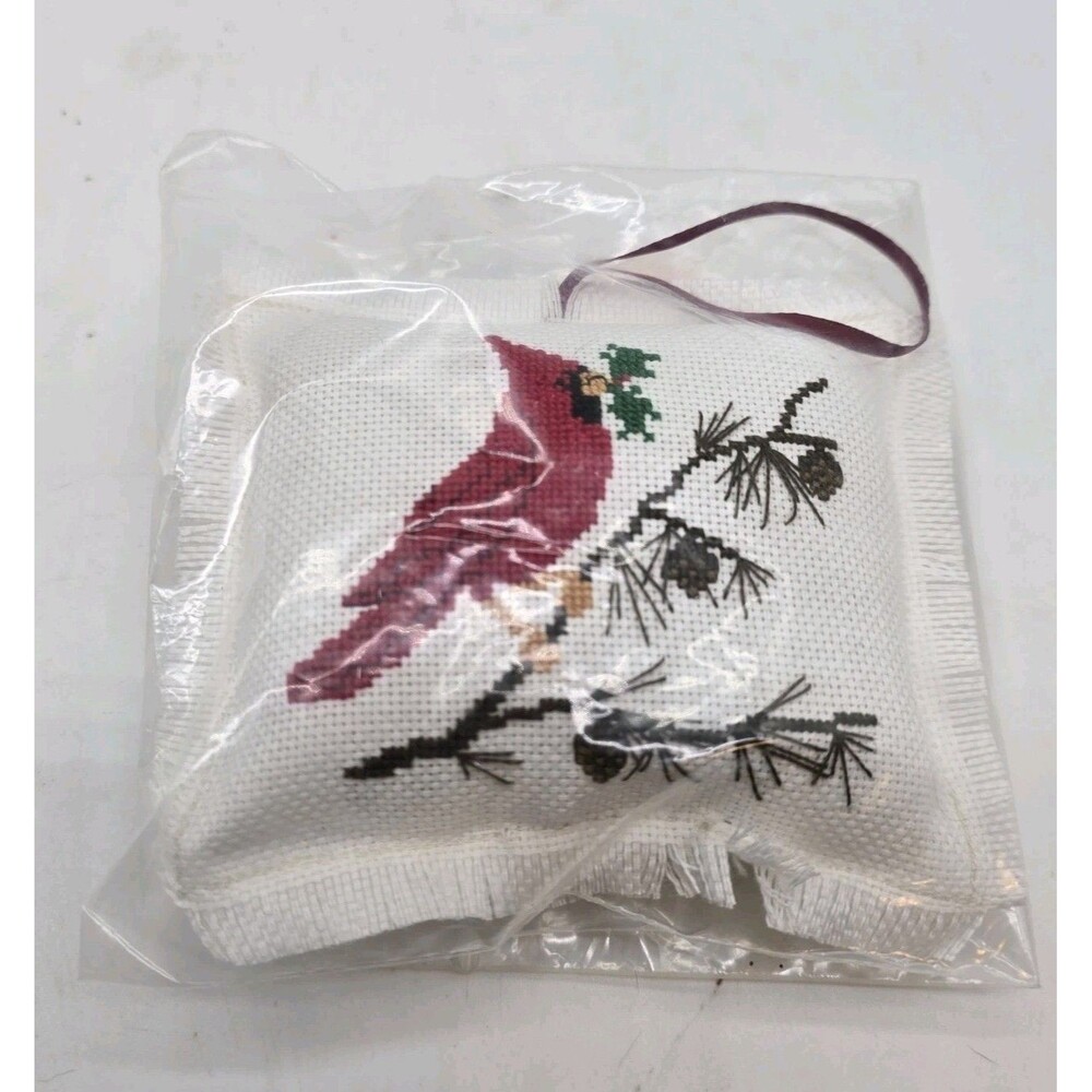 Vintage Needlepoint Cardinal Bird Miniature Pillow Floral 4"X4" Hanging Decor